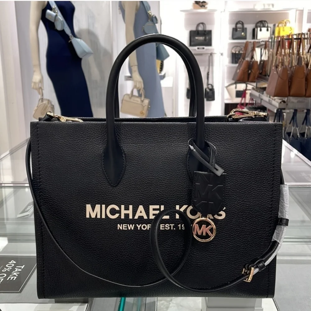 Michael Kors Medium Mirella  Tote Bag Black Embossed Leather NWT - Picture 5 of 16